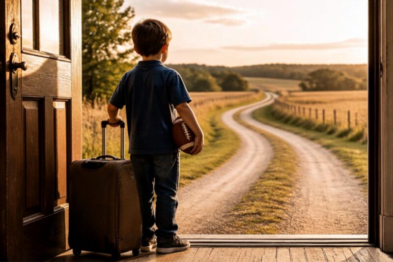 A boy with a suitcase and football looking out an open door at a winding country road